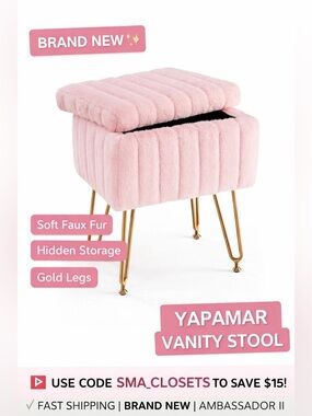YAPAMAR Faux Fur Vanity Stool w/ Storage Pink Gold ✨ BNWT